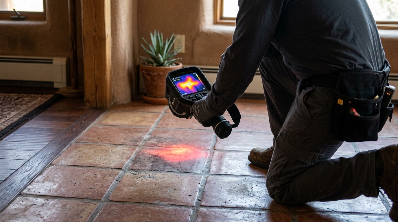 Thermal imaging of hot water leaking under a residential slab floor