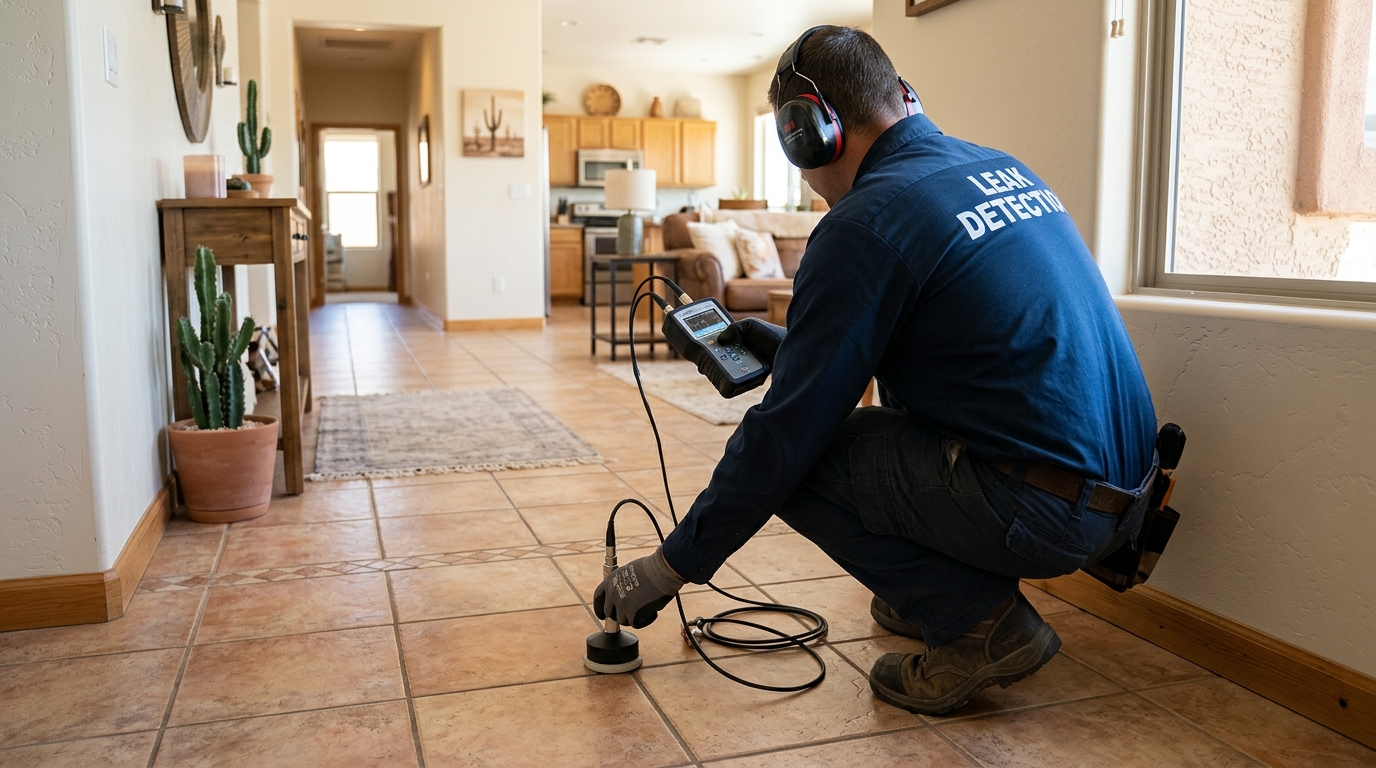 Acoustic slab leak detection equipment positioned on a residential floor in Tulare